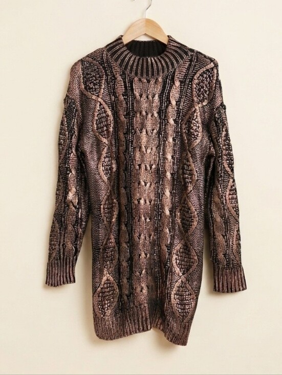 Baevely Dresses & Skirts - Baevely Metallic Bronze Black Cable Knit Sweater Dress Small NWT